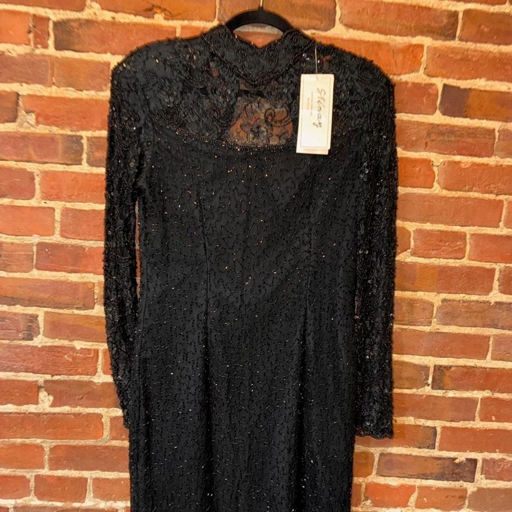 Black‎ vintage Stenay beaded dress with long sleeves and zipper back